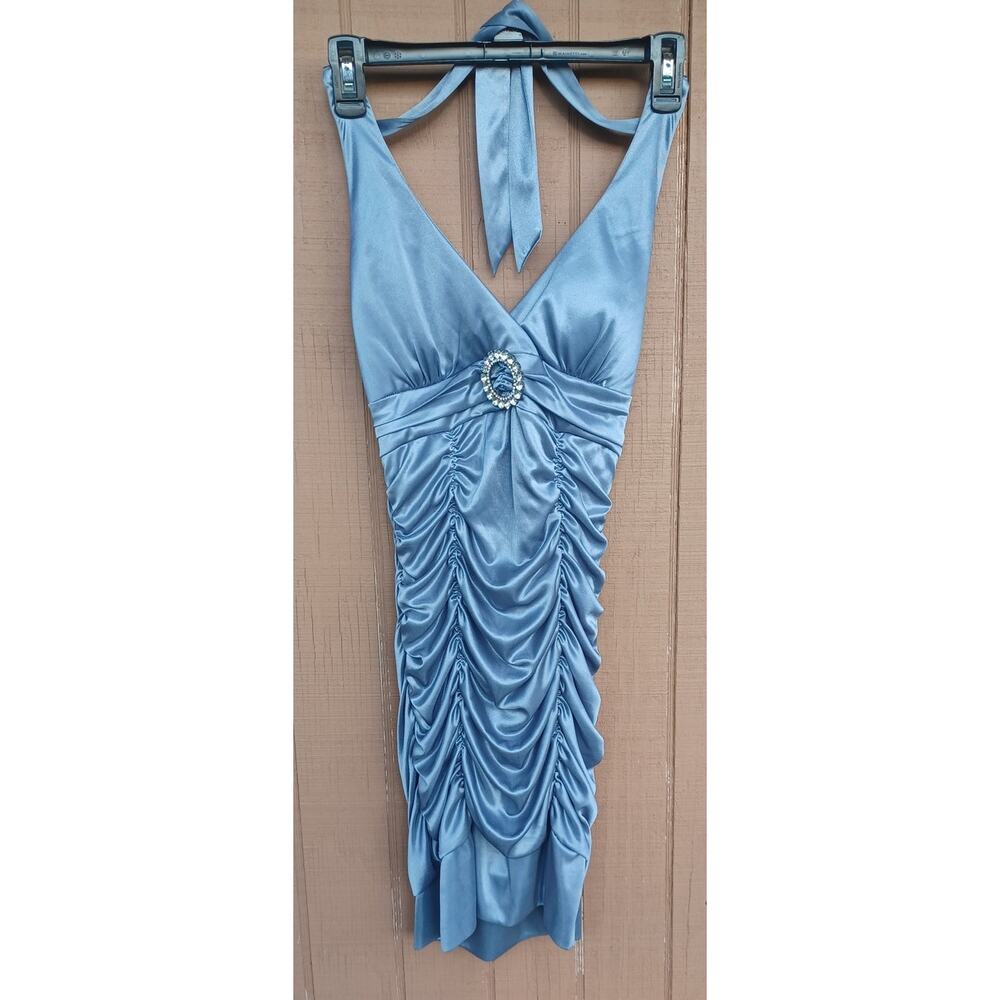 Deb Vintage Y2K Size M Steel Blue Satin Ruched Halter Rhinestone Party Dress - Picture 2 of 8